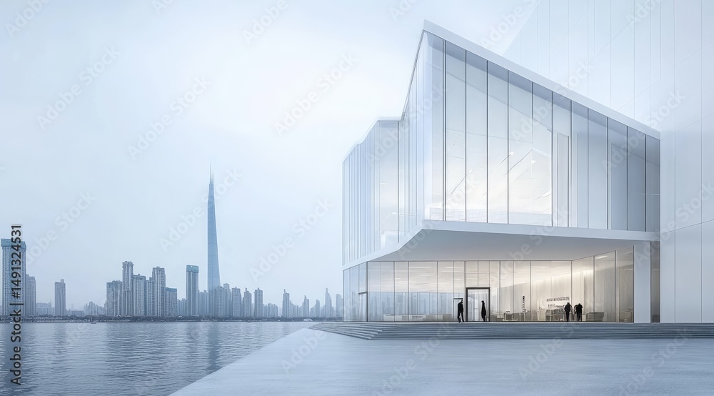 Obraz premium Modern architectural structure near a waterfront city