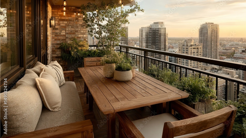 Fototapeta premium Cozy Urban Balcony with Wooden Furniture and Greenery at Sunset