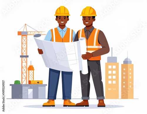 Construction Workers Reviewing Plans On Site