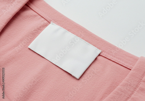 Blank white clothing label mockup on the collar of a light pink garment, close-up on white inner lining. Suitable for delicate apparel branding or lingerie tags.
