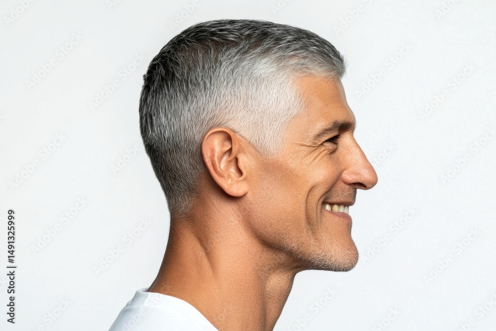 Fototapeta premium Fashionable men's textured crop haircut - midlife middle eastern man with short hair. A confident man making a stylish impression. Pure white solid background. Creative of style for aging men.