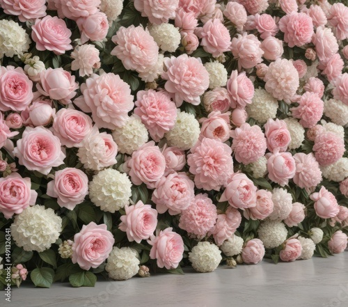 Pastel pink roses, peonies & hydrangeas create a vintage floral wall backdrop , flower bouquet, home decor, blush