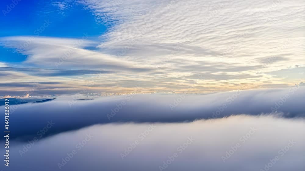 Aerial view of thick cloud cover rolling in over distant mountains under a bright blue sky, displaying a calming skycape