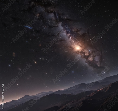 Myriad stars blaze across a velvet black sky, distant galaxies faintly visible,  glitter,  dark background
