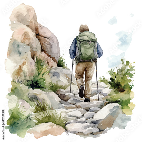 Hiker Climbing A Rocky Trail, watercolor vector, high quality, isolated on a white background.