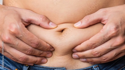 Fat Accumulation and Obesity Risk Concept, A person holding their stomach, indicating a feeling of discomfort or bloating.