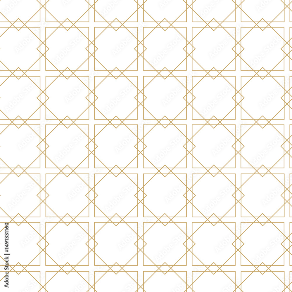 Naklejka premium Seamless abstract geometric pattern with gold lines, squares, and shapes on white background. Ideal for fabric, wallpapers, notebooks, gift wrap, packaging, rugs, and branding.