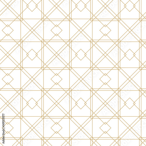 Seamless abstract geometric pattern with gold lines, squares, and shapes on white background. Ideal for fabric, wallpapers, notebooks, gift wrap, packaging, rugs, and branding.