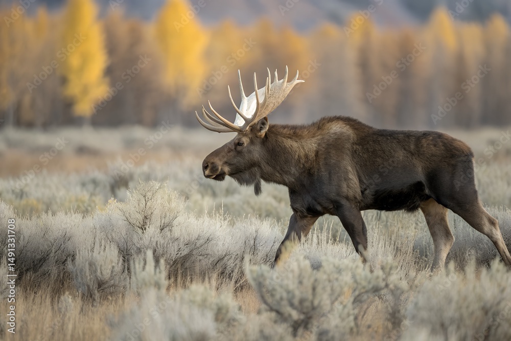 Fototapeta premium Majestic bull moose walking through autumnal landscape