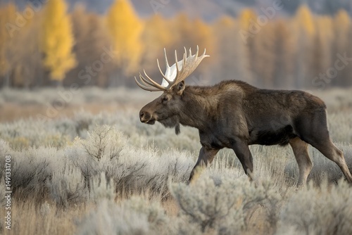 Majestic bull moose walking through autumnal landscape