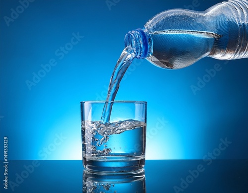 water being poured from a clear bottle into a glass on a vibrant blue background water pour bottle glass blue