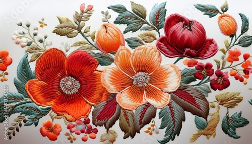 vintage embroidered floral pattern with red and orange flowers isolated transparent cutout