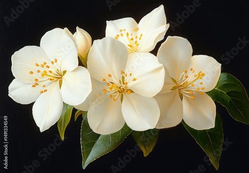 Close-up of four delicate white flowers with yellow stamens and green leaves set against a dark background, conveying purity and calmness