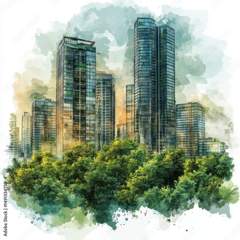 Obraz premium Watercolor Cityscape Lush Green Trees and Modern Highrises