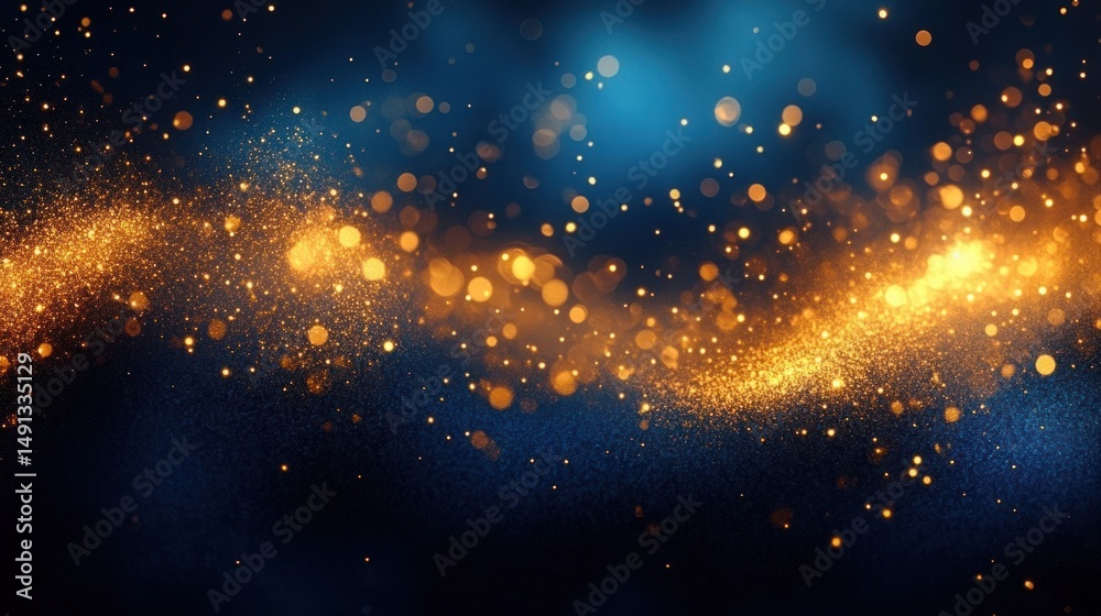 Obraz premium Abstract glowing golden particles scattered and swirling against a dark blue background creating a magical and sparkling effect