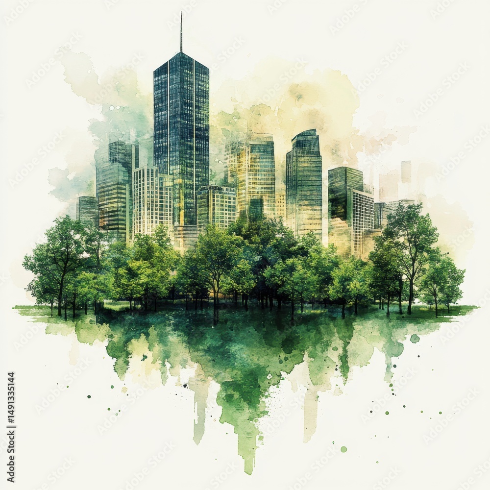 Obraz premium Watercolor Cityscape with Green Trees and Hazy Sky