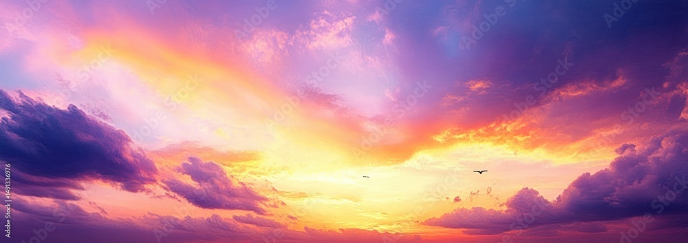 Fototapeta premium Vibrant sunset sky with colorful clouds and birds flying peacefully in warm glowing light