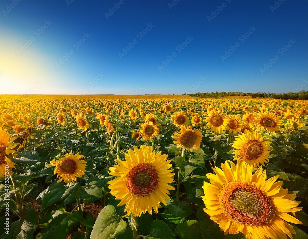Obraz premium vibrant sunflowers in a vast field under a clear blue sky sunflowers field nature vibrant yellow sunny agriculture rural