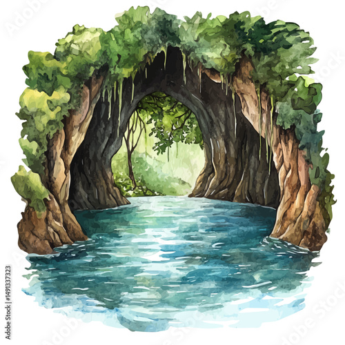 Hidden Underground River Flowing Through A Cavern, watercolor vector, high quality, isolated on a white background.