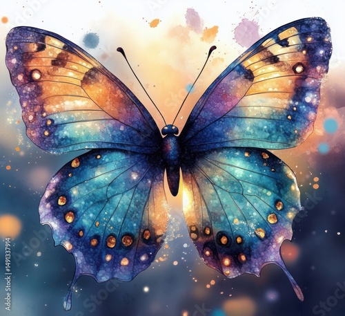 Close-up of a vibrant butterfly with wings in shades of blue, orange, and purple against a softly blurred abstract background creating a magical and serene atmosphere