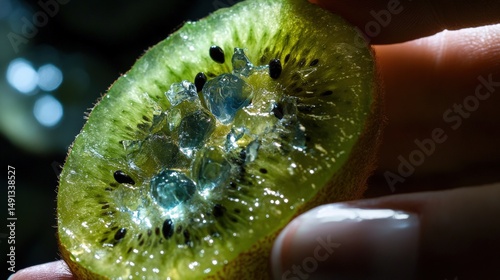 Close-up view of a sliced kiwi fruit, exhibiting translucent seeds.