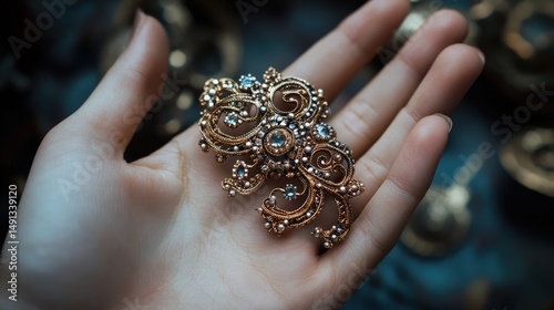 Ornate gold brooch held in a delicate hand.