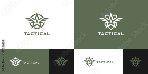 A clean and minimalist logo design with a military theme, incorporating a tactical shield and star symbol.