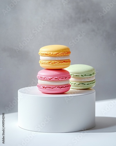 Three colorful macarons stacked and arranged on a white cylindrical pedestal against a soft gray background, featuring yellow, pink, and green pastel colors photo