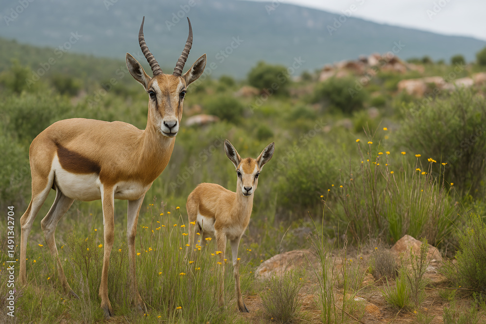 Naklejka premium Springbok family grazing in lush green landscape with distant mountains in the background during early morning hours