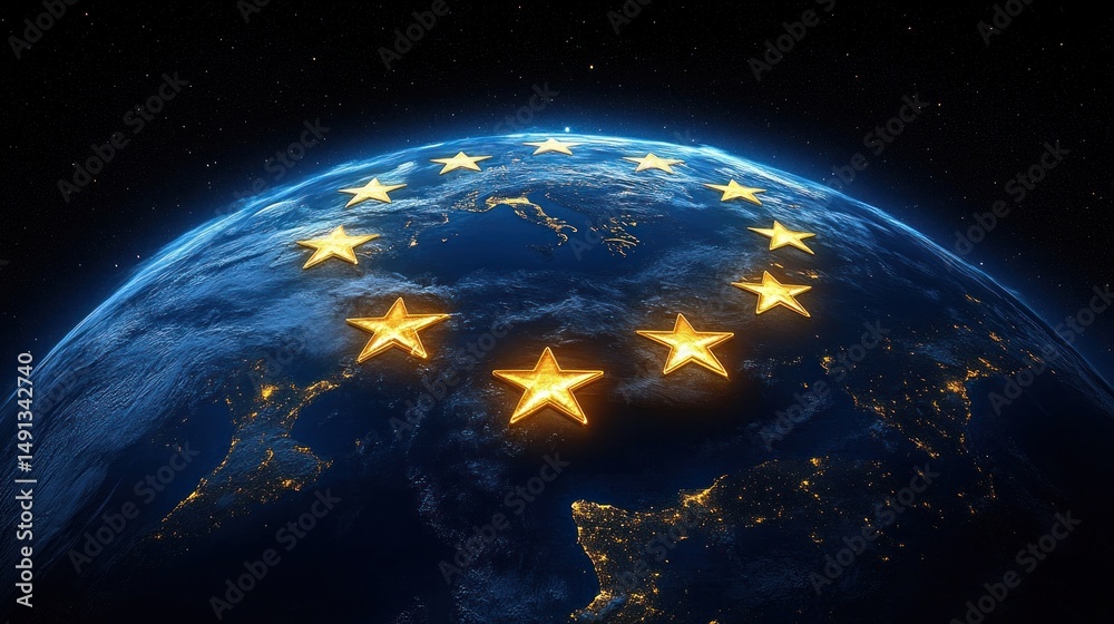 Fototapeta premium View of Earth from space showing European continent at night with illuminated golden stars arranged in a circle above the surface representing unity and connection