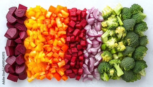 Assortment of freshly chopped vegetables including beets, yellow and orange bell peppers, red onion, red beet cubes, and broccoli florets arranged in colorful rows on a white surface