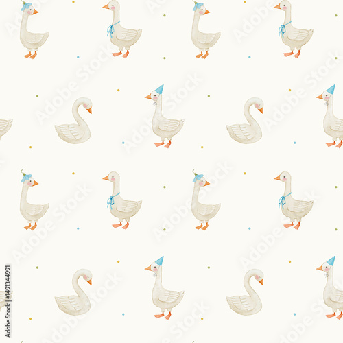 Watercolor seamless pattern with goose in hat
