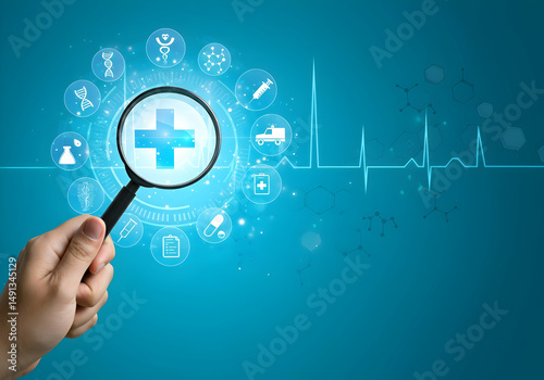 Medical Research and Digital Diagnostics with Magnifying Glass Healthcare Technology Analysis