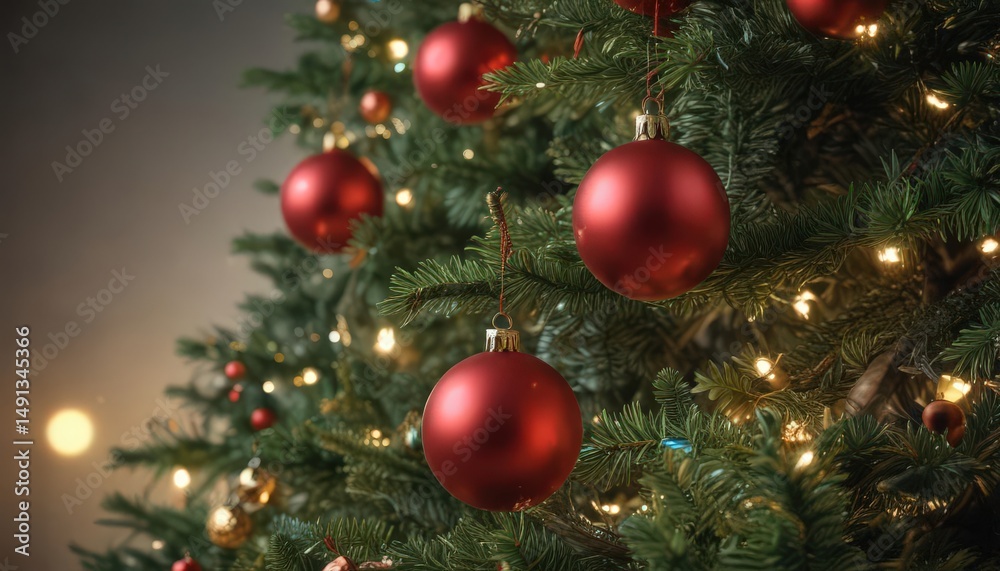 Naklejka premium Vibrant baubles sparkle on a Christmas tree, encircled by a magical glow , magic, sparkle