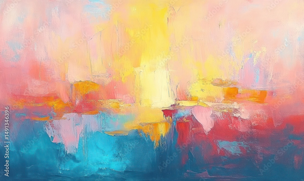 Fototapeta premium Abstract colorful painting with bright yellow center blending into pink and red hues, contrasted by deep blue and turquoise shades creating a vibrant and energetic atmosphere