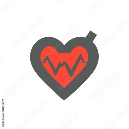 Flat minimal bold silhouette icon of heart rate monitor white silhouette with a red accent detail health wellness icon