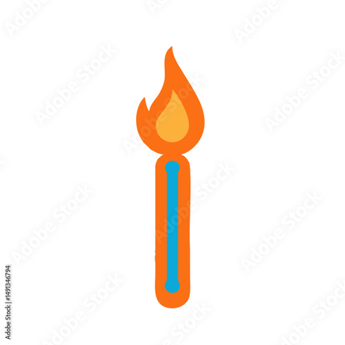 Flat minimal bold silhouette icon of thermometer with a flame orange silhouette with a blue accent detail health wellness icon
