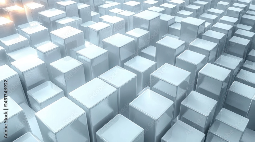 Obraz premium Three-dimensional array of translucent, glossy white rectangular prisms arranged in a grid pattern under soft lighting creating a futuristic and calm atmosphere