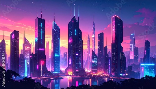 Neon Cityscape Sunset Skyline.