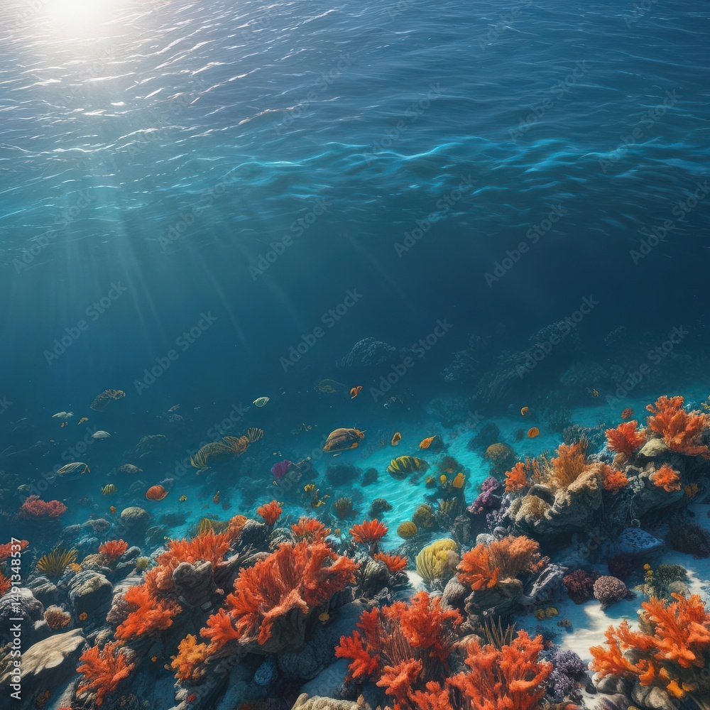 Naklejka premium Sun-dappled ocean surface, vibrant coral reef below , fish, beautiful
