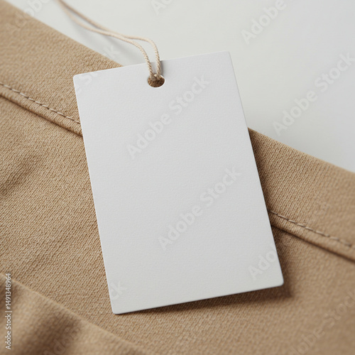 Blank white hang tag mockup with string on a light brown or beige fabric. This mockup is ideal for natural product branding, handmade gift tags, or minimalist retail presentations.