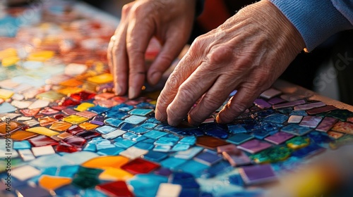 Close-up view of hands arranging colorful mosaic tiles.