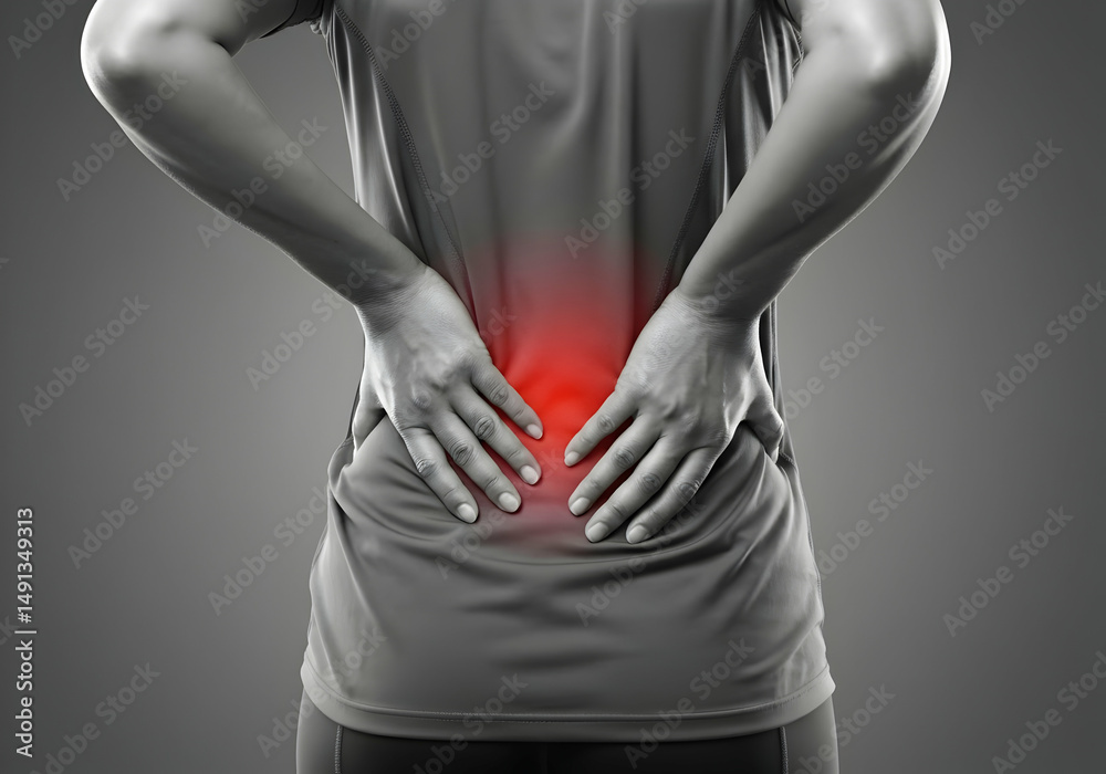 Naklejka premium Backache and Lumbar Pain Zone Highlighted Health Care Advertisement Lower Back Pain in Man