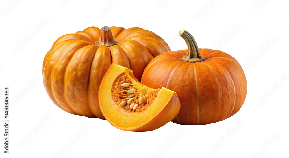 Fototapeta premium Three vibrant pumpkins including one sliced piece showing seeds against white backdrop