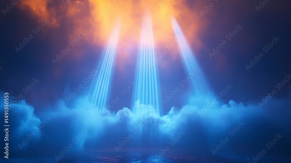 Fototapeta premium Dramatic lighting beams pierce through blue and orange cloudscape.