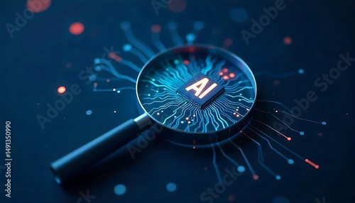 AI-Powered Search Concept, Magnifying Glass with Integrated Circuit Board and 'AI' Symbol created with generative ai