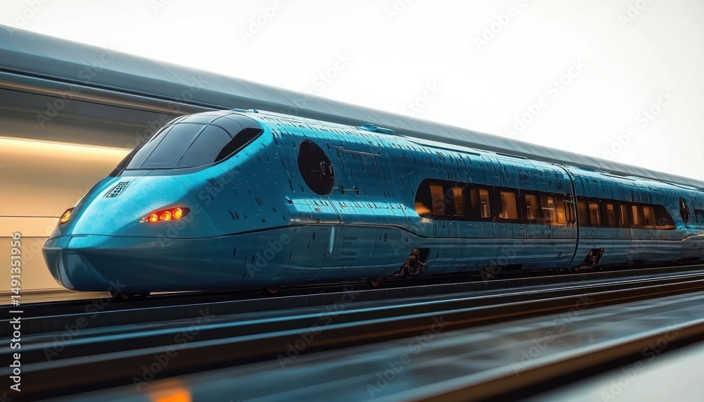 Naklejka premium Sleek modern high-speed train moving through futuristic station with illuminated passenger windows and dynamic motion blur