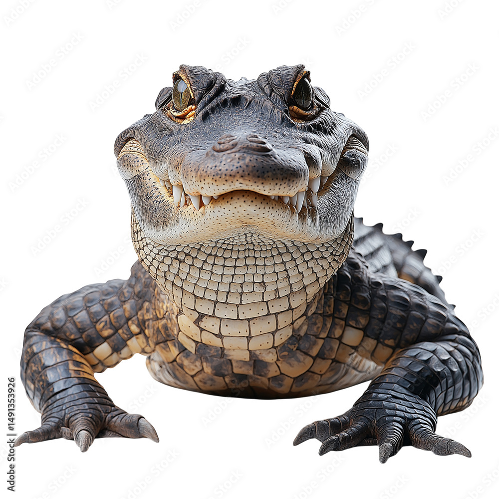 Fototapeta premium Front view of a crocodile with jaws slightly open against a solid white background, highlighting its textured scales, sharp teeth, powerful jaw, and fierce expression in sharp