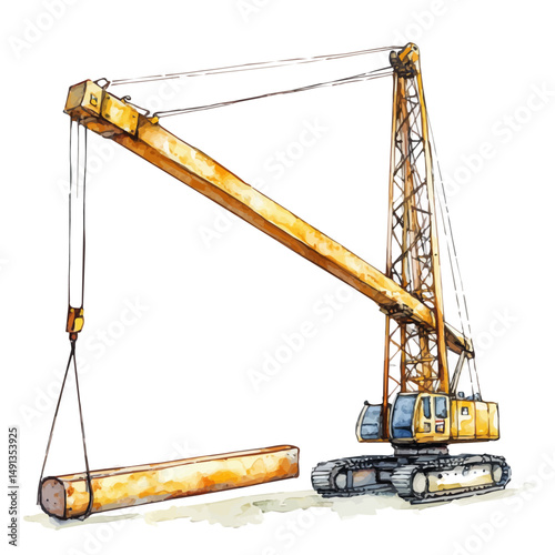 Heavy-duty Construction Crane Lifting A Steel Beam, watercolor vector, high quality, isolated on a white background.