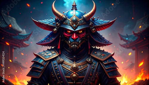 Wallpaper Mural Oni Samurai with fiery temple backdrop. Torontodigital.ca